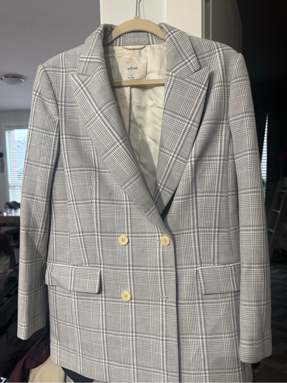 Wilfred Light Gray Plaid Double-Breasted Blazer